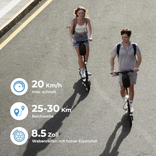 E Scooter mit Straßenzulassung für Erwachsene, 120kg Belastung, 30 km Reichweite, LED Bremse, 20km/h, 350W Motor, 8,5 Zo