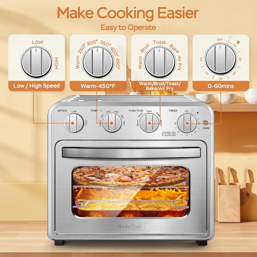 Image of Geek Chef Air Fryer Toaster Oven Combo, 16QT 5-in-1 Toaster Ovens Countertop, Convection AirFryer with Bake, Air fryer & Toaster, Broil and Warm Functions, Stainless Steel Easy Oven for Wonder Meals
