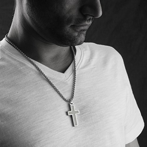 Unique Gestalt® Tungsten Cross Pendant. Surgical Stainless Steel Box Chain. White Carbon Fiber Inlay. 22 Inch Chain. #TOP2