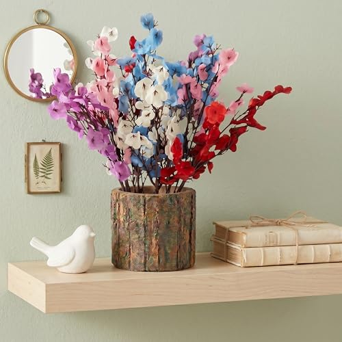Image of Dekorly Artificia Baby's Breath Flower with Real Wooden Vase (28CM Overall Height) | Decorative Lifelike Faux Floral Plant in Rustic Tree Log Pot for Living Room(Baby's Breadth)