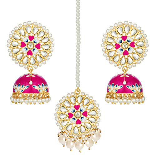 Aheli Handcrafted Traditional Wedding Wear Faux Kundan Studded Floral Enamel Jhumka Jhumki Earrings with Maang Tikka Indian Ethnic Fashion Jewelry for Women Girls (Rani Pink)