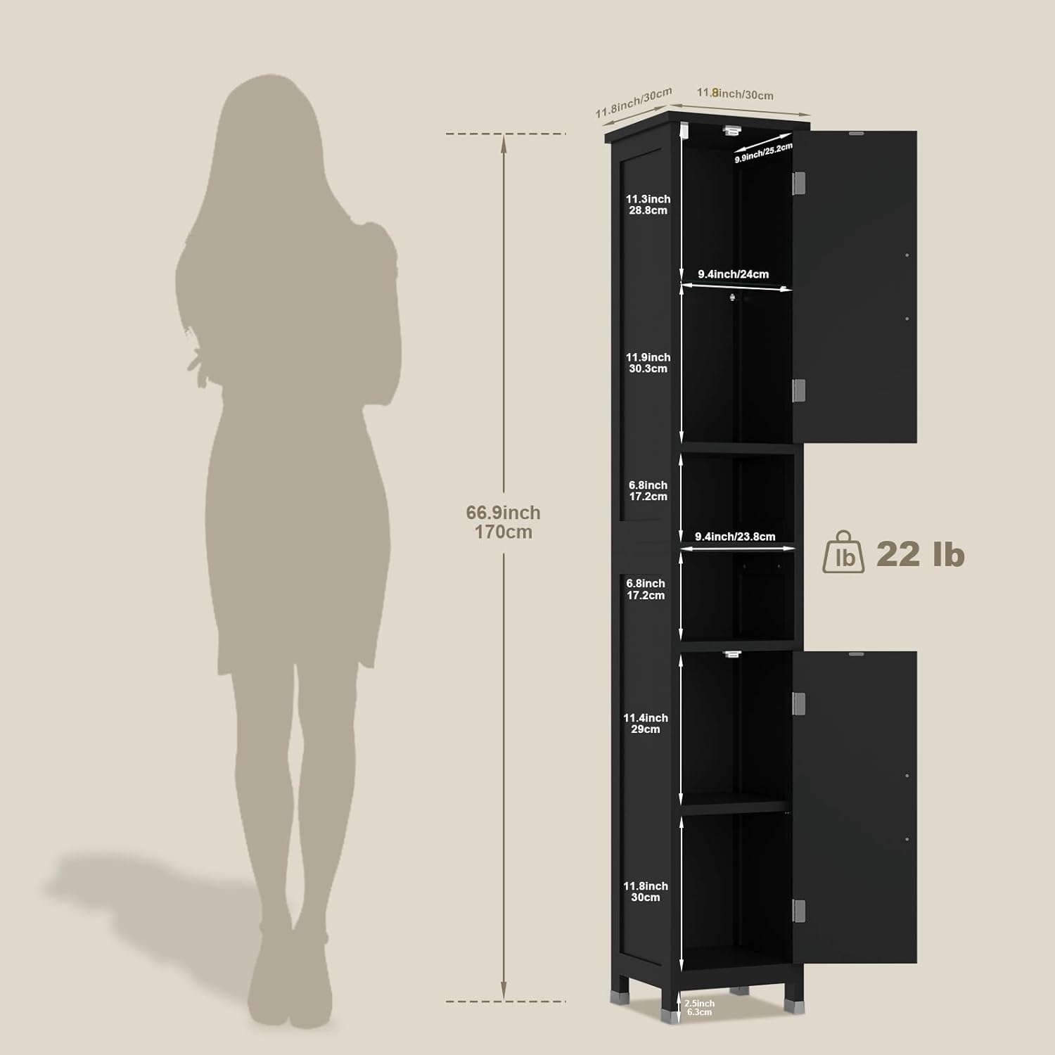 Hawkrown 67" Tall Bathroom Storage Cabinet with Lights, Slim Narrow Bathroom Cabinet Organizer with Doors and Adjustable Shelves, Tall Cabinet for Small Space (66.9" Tall-Black with Light)