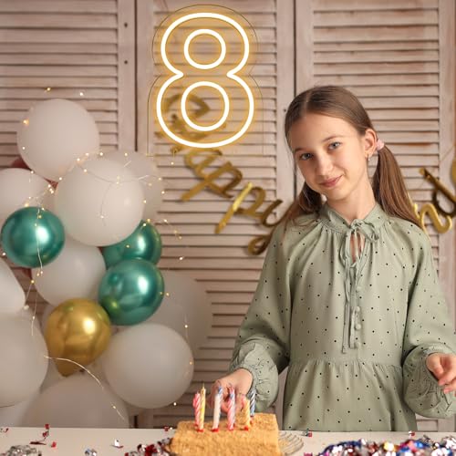 Image of Number 8 LED Neon Sign Backdrop Birthday Party Decoration, 11.3 inch Height Warm White Marquee Number Eight Light Up Sign for Wedding Anniversary Window Wall Table, Indoor Battery Operated or USB