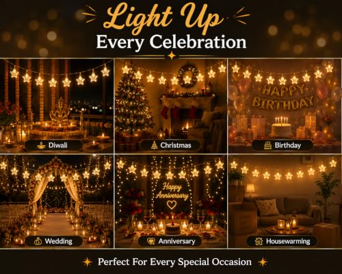 Image of Quace 10 LED Star Confetti String Lights, Plug-in Warm White Decorative Fairy Lights for Bedroom, Balcony, Patio, Christmas, Diwali, Wedding & Home Decoration