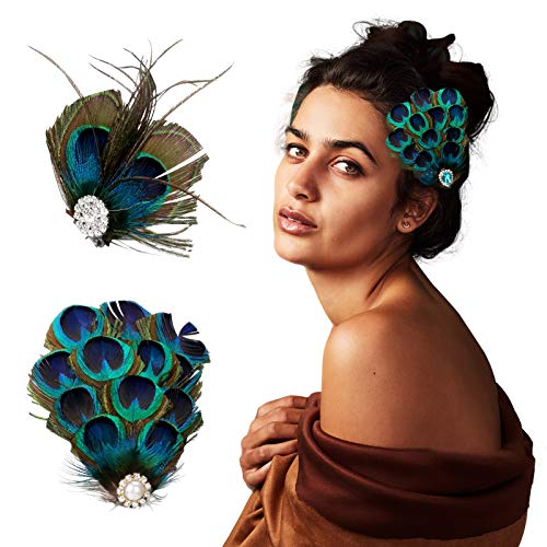 WIOR Peacock Headband for Women, Fashion Peacock Hair Clip, 3 Pcs Peacock Feathers Hair Clip Peacock Flapper Headband with Pearls & Diamonds Hair Accessory for Girls Ladies Wedding Party Festival Prom