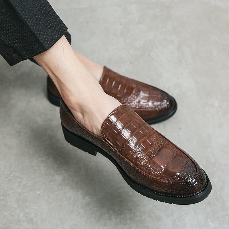 Dress Shoes for Men Slip On Round Burnished Toe Crocodile Print Apron Toe Block Heel Anti-Slip Rubber Sole Low Top Non Slip Outdoor(Brown,9)4