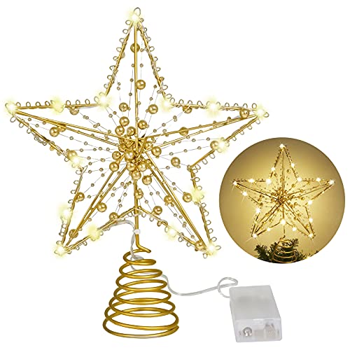MAIAGO 10 Inch Christmas Star Tree Topper with 20 LED Warm White Lights, Shiny Round Golden Beads Design for Christmas Tree Decorations, Xmas/Holiday/Winter Party Home Decoration (Gold)