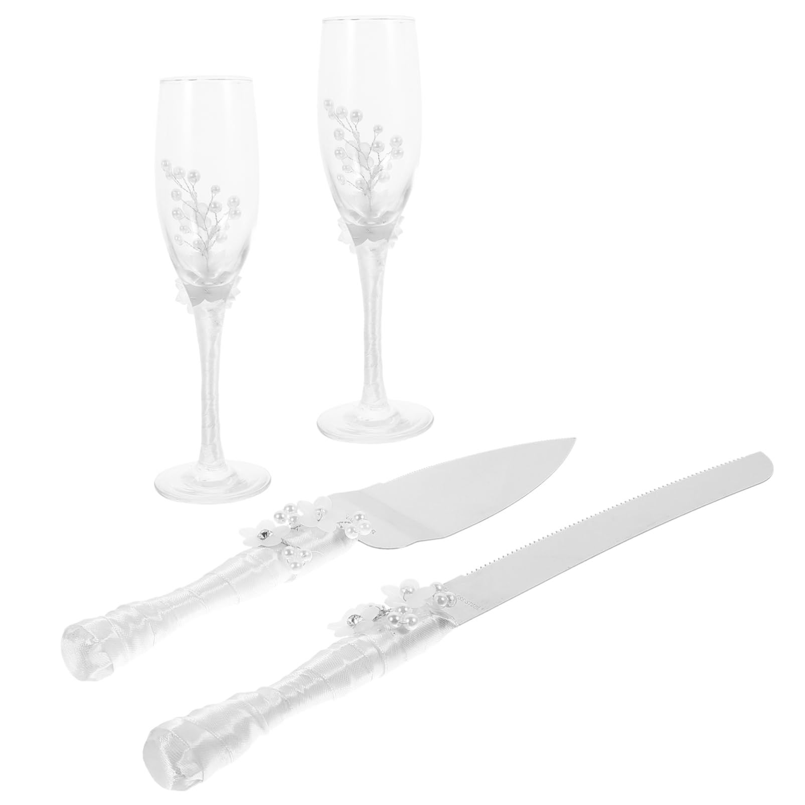 BEBEMOKO 1 Set Rhinestone Pearl Tableware Anniversary Party Supplies Wedding Wine Glasses Party Wine Glasses Party Goblet Rhinestone Decor Glasses Cake Knife Pastry Servers Plastic White