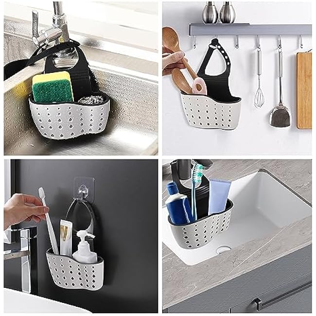 Kitchen Sink Caddy Sponge Holder for Kitchen Sink Accessories Organizer Dish Sponge Holder Ajustable Strap Faucet with Drain Holes for Drying (2 pcs Beige)