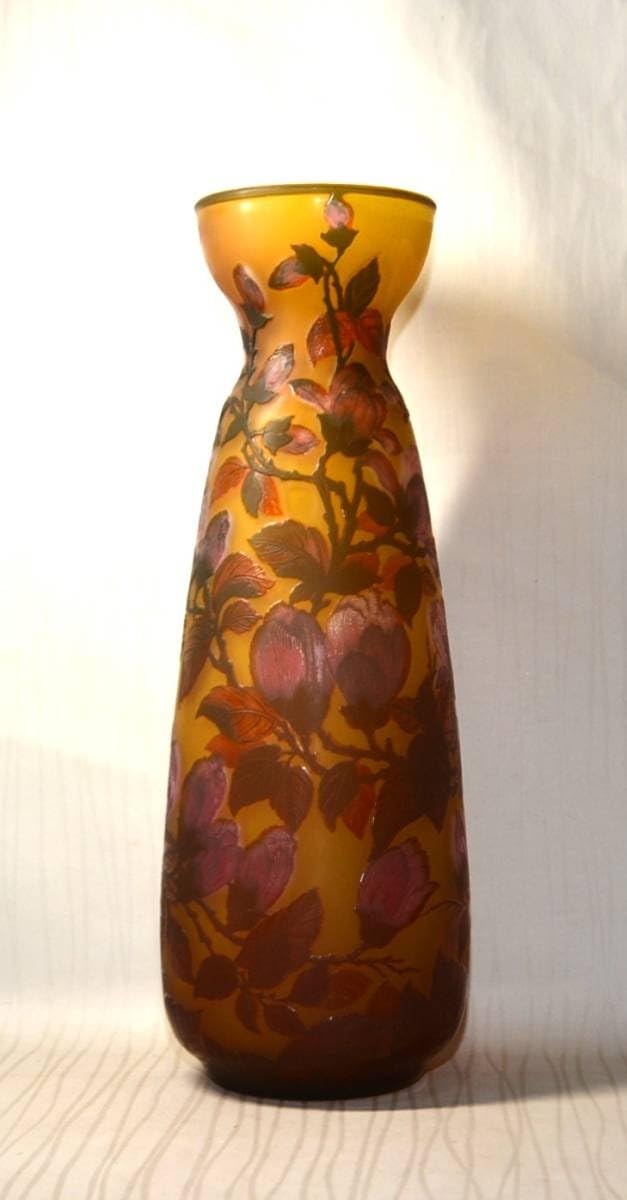 エミール　ガレ風　特大　花瓶　　被せガラス　森の中に小屋　高さ35cm エミール ガレ風 特大 花瓶 被せガラス 森の中に小屋 高さ35cm