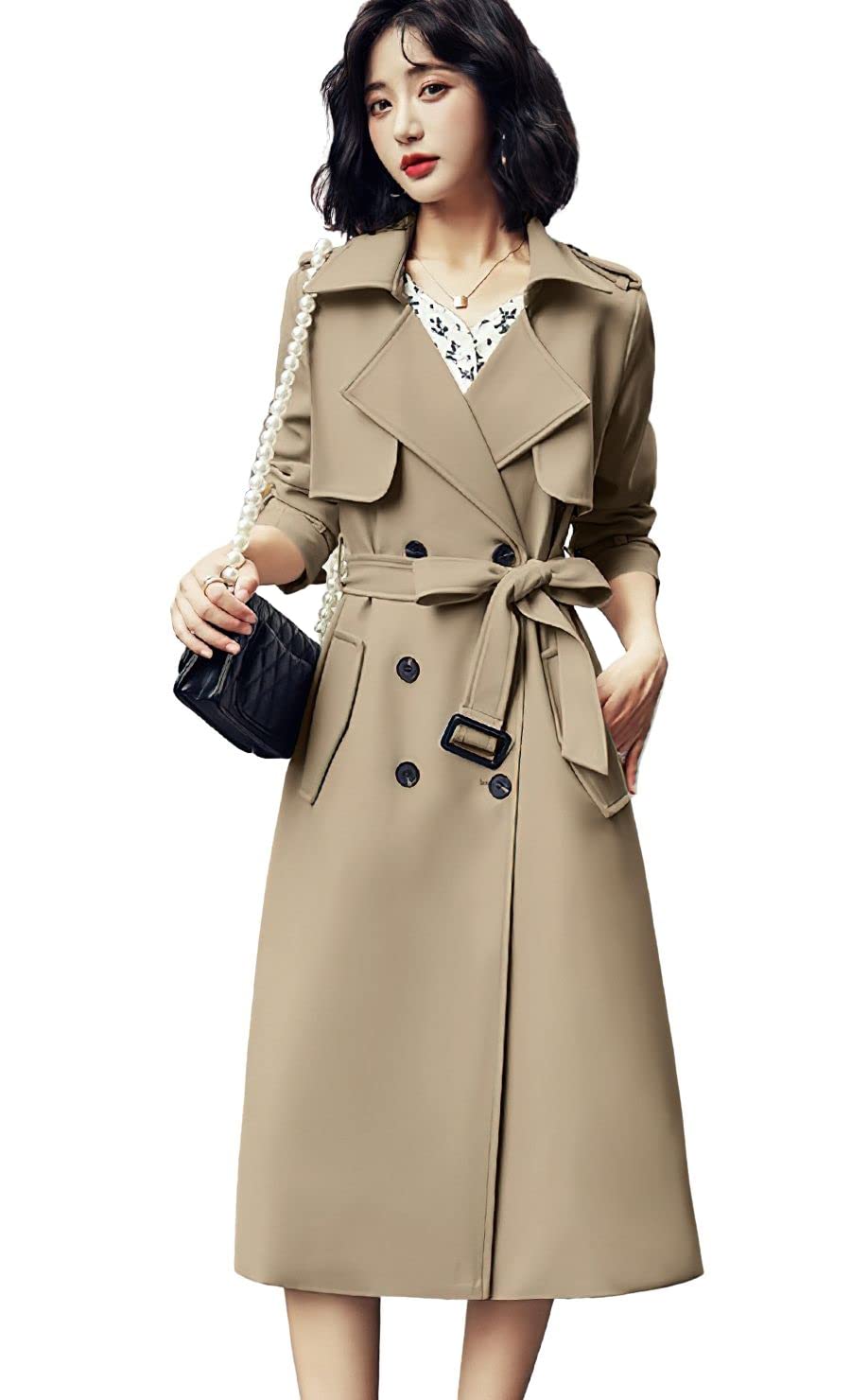 ebossy Women's Notched Lapel Double Breasted Duster Slim Mid Long Trench Coat with Belt