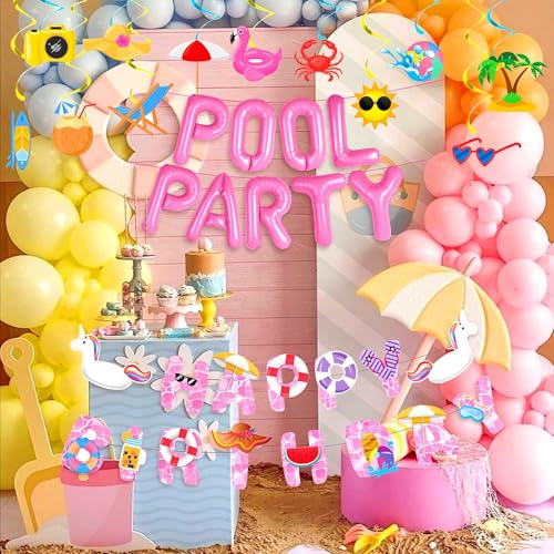 Image of Pink Pool Party Birthday Decorations, Summer Tropical Flamingo Hanging Swirl Streamers, Pool Party Foil Balloon Banner, Teen Girls Bachelorette Swimming Pool Happy Birthday Party Supplies