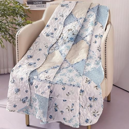 Twin Size Patchwork Quilt Throw Blanket for Couch Sofa Blue