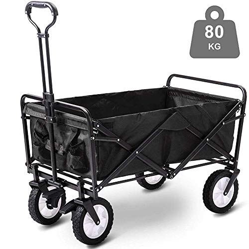 JFNHUTL Klappbarer Bollerwagen, Tragkraft 80 kg, tragbar mit 4 Rädern und Stahlbremsen, Trolley, Faltbarer Ziehwagen, Handtransportwagen, schwarz – Bild 5