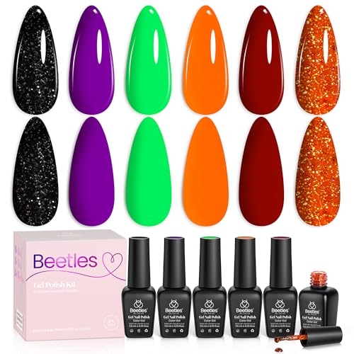 Image of Beetles Gel Nail Polish Set - Hocus Pocus 6 Colors Gel Polish Orange Green Purple Black Red Glitter Colors, Soak Off Nail Lamp UV LED Cured Nail Art Design Manicure Gift for Women