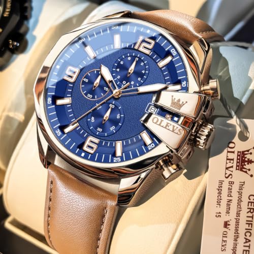 Image of OLEVS Men Watch Big Face Chronograph Waterproof Leather Strap Fashion Watch