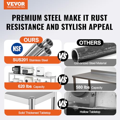 VEVOR Doppeltes Überregal, doppelstöckiges Überregal aus Edelstahl, 305 x 1219 mm doppelstöckiges Überregal, höhenverstellbarer Überregal-Vorbereitungstisch für Küche, Restaurant und Werkstatt