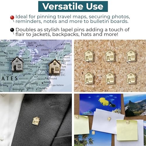 Image of Big House Push Pins - Gold Metal Home Pins - for Cork Board, Maps, or Lapel Pin Use - Designed in USA - Set of 20
