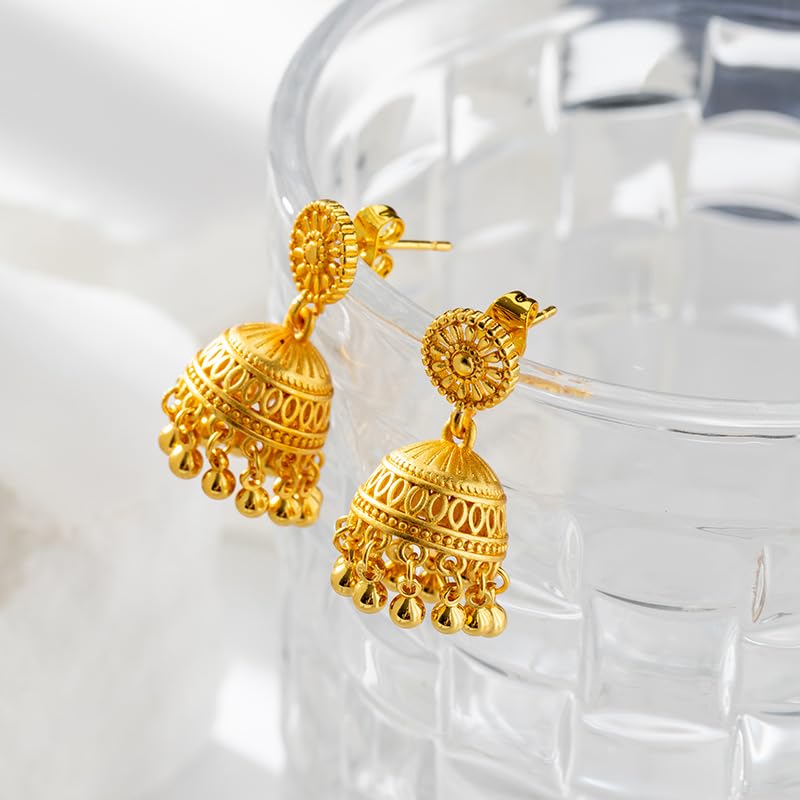 Gold Indian Jhumki Bell Vintage Statement Stud Earrings for Women Retro Ethnic Bohemian Hollow Jhumka Round Bells Tassel Dangle Drop Earring Bollywood Traditional Boho Gypsy Studs Jewelry Gift2