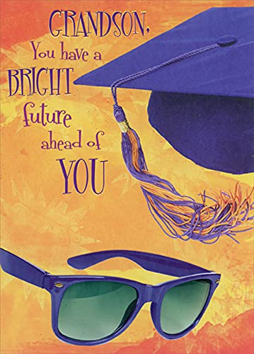 Designer Greetings Blue Grad Cap and Sunglasses on Orange Graduation Congratulations Card for Grandson