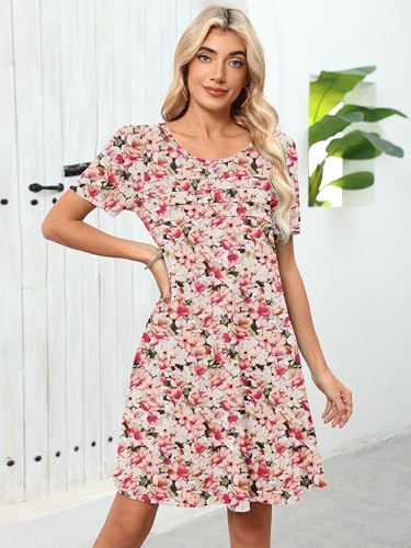 Image of Heymoments Women's Short Sleeve Crewneck Sundress Summer Casual A-Line Beach Dress with Pockets S-2XL