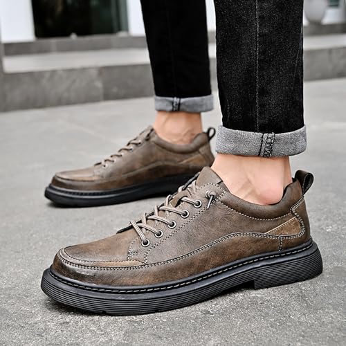 Men's Leather Casual Non-Slip Sneaker Shoes, Fashion Lace-Up Waterproof Dress Sneaker Shoes,Vintage Comfort Platform Round-Toe Business Vintage Oxfords2