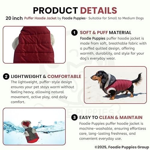 Image of Foodie Puppies Dog Puffer Hoodie Warm Winter Jacket - (Maroon Grey, 20 Inch) for Small to Medium Dogs | Ultra Warm Waterproof & Windproof Fur Coat | Washable Pet Vest Apparel for Cold Weather