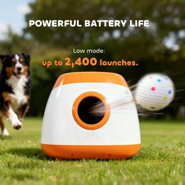 Automatic Dog Ball Launcher for Medium to Large Dogs, 3 Distance Settings & Random Mode, 5200mAh Battery, 98ft Remote Control, Includes 6 ETPU Balls, Orange White