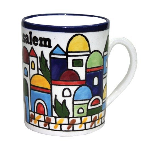 Holy Land Market Jerusalem view and city walls Armenian ceramic Cup - Small (2.6 inches or 6.5 cm) - Asfour Outlet Trademark