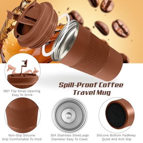 Image of Vacuum Insulated Stainless Steel Travel Coffee Mug,Leak Proof Cup with Lid | 304 stainless steel mug with vacuum insulation, leak proof lid, silicone grip and car cup holder friendly design