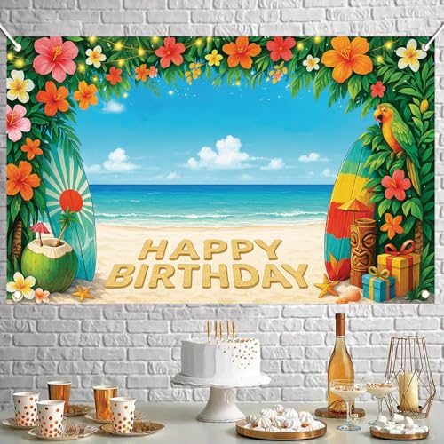 Image of Summer Hawaiian Birthday Backdrop Tropical Flower Beach Party Decorations Banner 71 x 43 Inch Surfboard Parrot Coconut Background for Kids Adults Happy Birthday Photography Props
