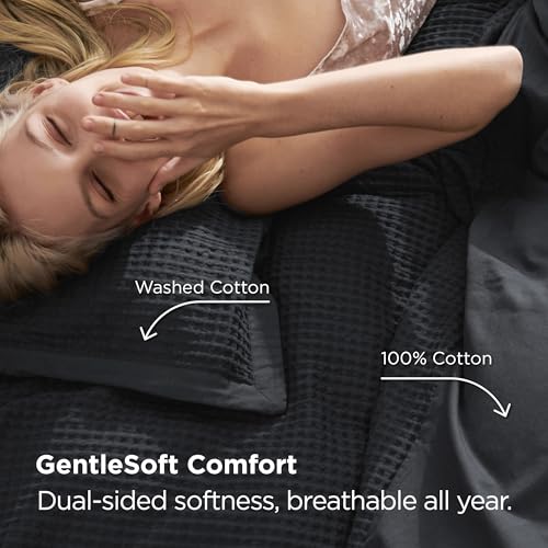 Image of Bedsure Cotton Waffle Duvet Cover with Fitted Sheet, King, Charcoal Black | Waffle Texture, Breathable, Skin-Friendly, OEKO-TEX Certified, Good Housekeeping Seal, All-Season, Machine Washable