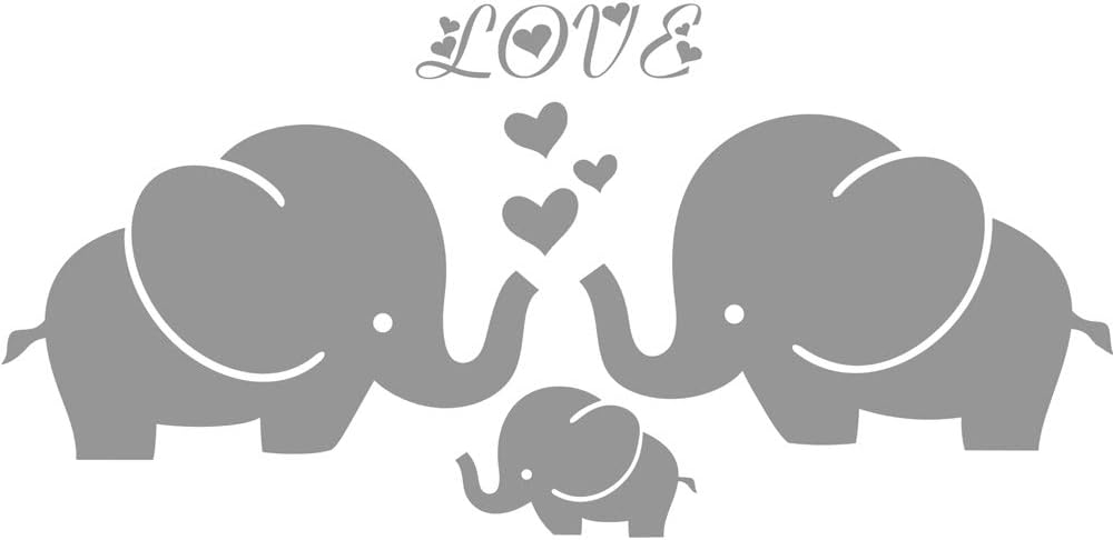 Large Cute Elephant Family with Hearts Wall Decals Baby Nursery Decor Kids Room Wall Stickers, (Large)40''W x19''H, Grey