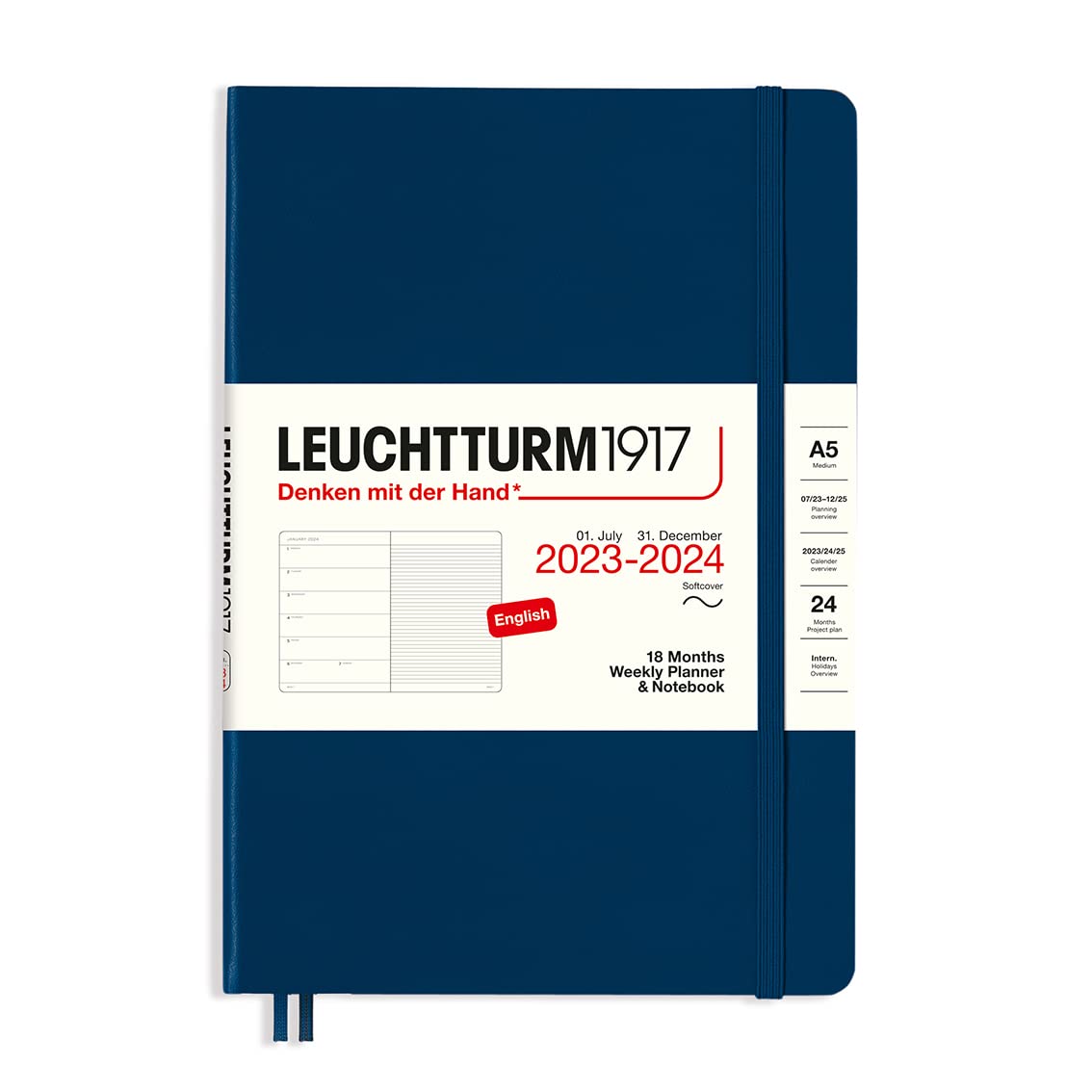 LEUCHTTURM1917 367860 Weekly Planner & Notebook Softcover Medium (A5) 2024, 18 Months, Navy, English