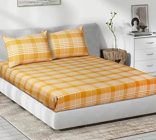 Image of AIRWILL, 200GSM Handloom Cotton Double Bedsheet with 2 Pillow Covers (Track Dobby Yellow)