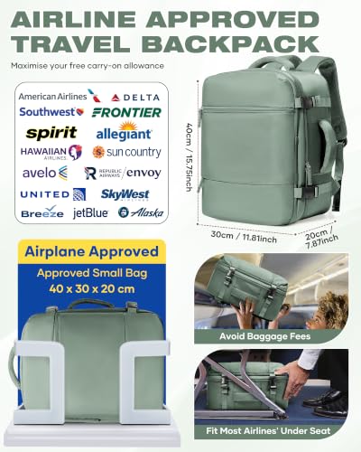 Image of suradar Travel Backpack for Women Men, Carry On Backpack Flight Approved Personal Item Travel Bag Laptop Backpack Waterproof Weekender Essentials Hiking Rucksack Casual Daypack Green