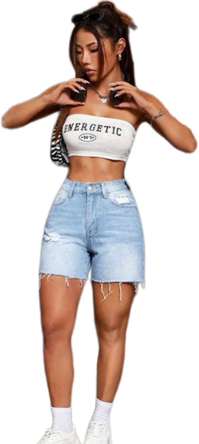 Womens Blue Ripped Denim Jean Shorts Frayed Denim Shorts for Summer