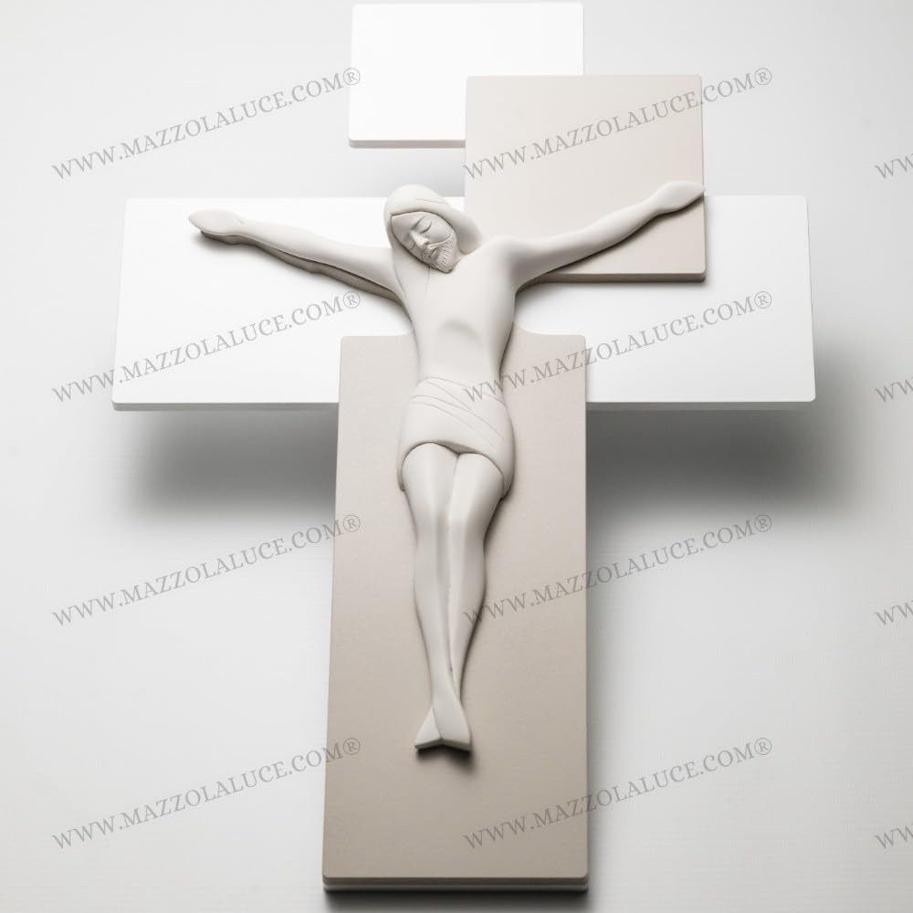 CROCIFISSO da Parete 27X19 Moderno Legno Tortora Cristo MARMORINO Bianco ME12102NB