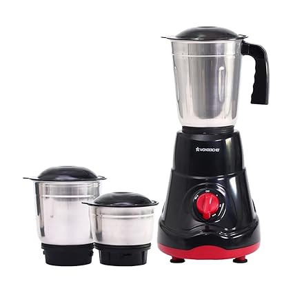 Wonderchef Ruby Mixer Grinder With 3 Jars And Anti-Rust Stainless Steel Blades, Ergonomic Handles, 550W, 5 Years Warranty, Red And Black
