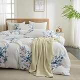 Floral Botanical King Size Comforter - Garden Style Blue Purple Leaves Print Bedding with 2 Pillowcases - Vintage Soft Comforter Set