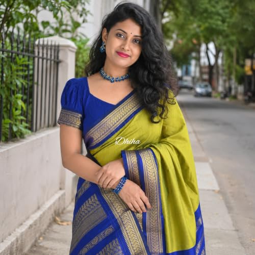 Image of DHIHA Gadwal Cotton Saree for Women | Pure Kalyani Cotton Saree with Zari Border Tassels & Blouse | Kanjivaram Linen Silk | Handloom Weave