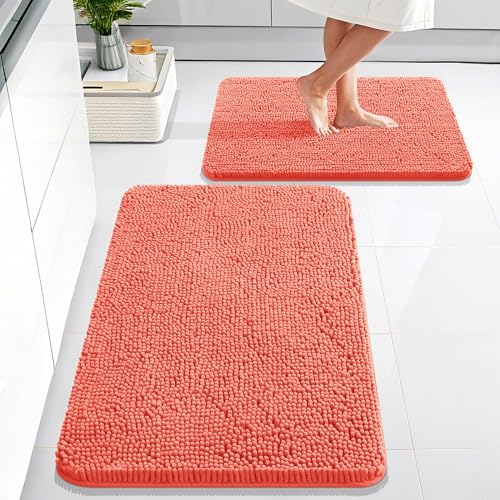 Image of OLANLY Bathroom Rugs Sets 2 Piece, Soft Absorbent Chenille Bath Mats Area Rug Set, Non-Slip, Quick Dry, Machine Washable Bath Mats for Bathroom, Home Decor Accessories (30 inchx20 inch+24 inchx16 inch, Coral)