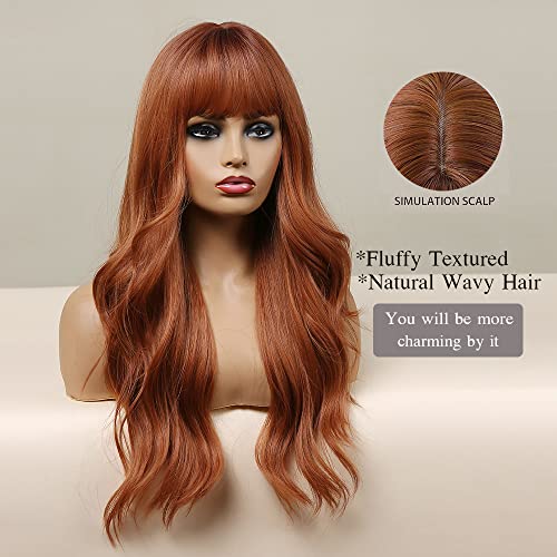 Esmee 24 Inches Long Wavy Copper Brown Wigs for Women Natural Synthetic Hair Heat Resistant Wigs with Bangs for Daily Party Cosplay Use - Image 2