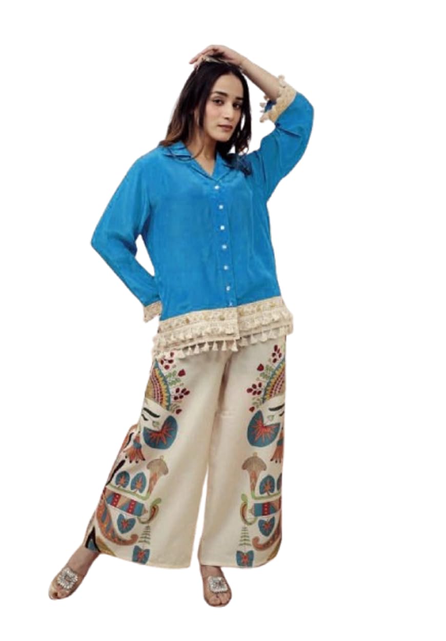 zivory fashion Women’s Blue Button-Down Top with Printed Palazzo Pants | Ethnic Fusion Co-Ord Set | Relaxed Fit Casual Wear-picture-14