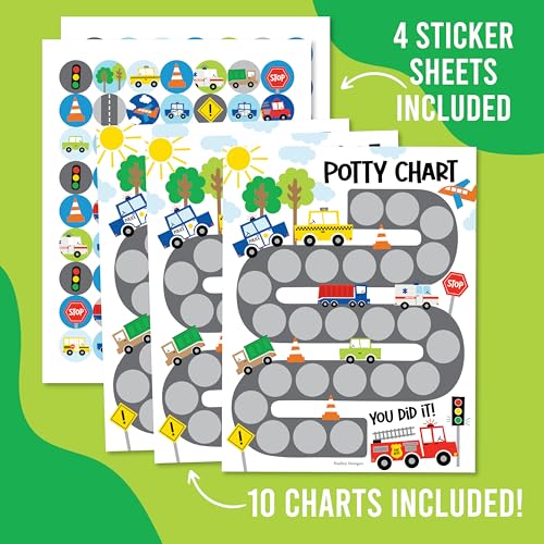 Image of Hadley Designs Potty Training Chart for Toddlers Boys -10 Sticker Potty Chart for Toddlers Boys, 8.5x11 inch Potty Training Sticker Charts for Toilet Success, Cars Toddler Reward Chart for Kids