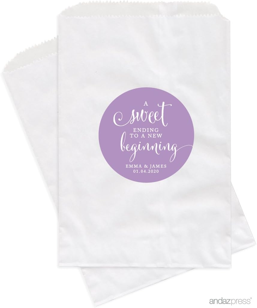 Andaz Press Personalized Dessert Table Party Favor Bags, A Sweet Ending to a New Beginning, Lavender, 24-Pack, Custom For Wedding Baby Shower Graduation Candy Buffet Treat Bags
