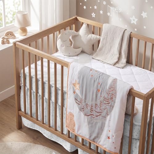 Image of SmoothNovelty 5 Pcs Moon Theme Celestial Crib Bedding Set Include Moon Knot Print Crib Sheets Bed Skirt Comforter Pad Cover Wall Stickers for Nursery Room Decoration