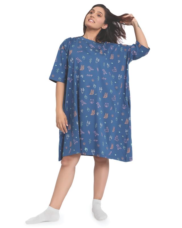 Image of LAMA STORE Women's Printed Oversized T-Shirt Dress, Cotton, 3 /4 Sleeve Length, Casual Loose Fit, Comfort Wear Extra Comfy Oversized Printed Pocket T-Shirt Dress