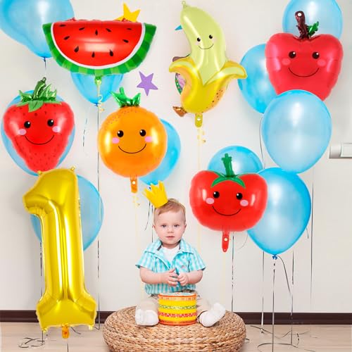 Image of AIQINHU Fruit Number 1Balloon, Apple Orange Watermelon Fruit Foil Balloons, 40 Inch Mylar Gold 1 Balloon For Fruit Summer First 1st Birthday Party Decorations Supplies