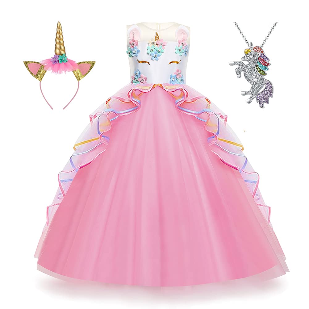 Yipkorra Unicorn Dress for Girls Unicorn Costume Pageant Princess Party Birthday Long Gown with Unicorn Headband & Necklace